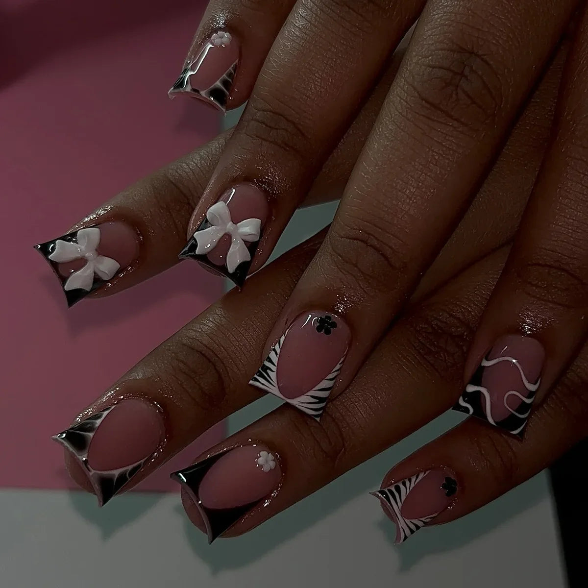 24pcs Long Ballet Press On Nails Black Cross Strap French Style Fake Naile With 3D Bowknot Decor Korean Reusable False Nail Tips