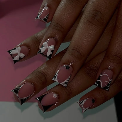 24pcs Long Ballet Press On Nails Black Cross Strap French Style Fake Naile With 3D Bowknot Decor Korean Reusable False Nail Tips