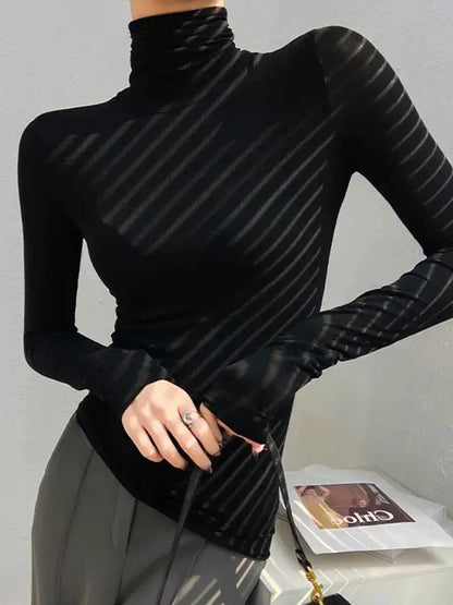 Korean style standing collar long sleeved T-shirt, high collar bottom shirt, women's slim fit slightly transparent top