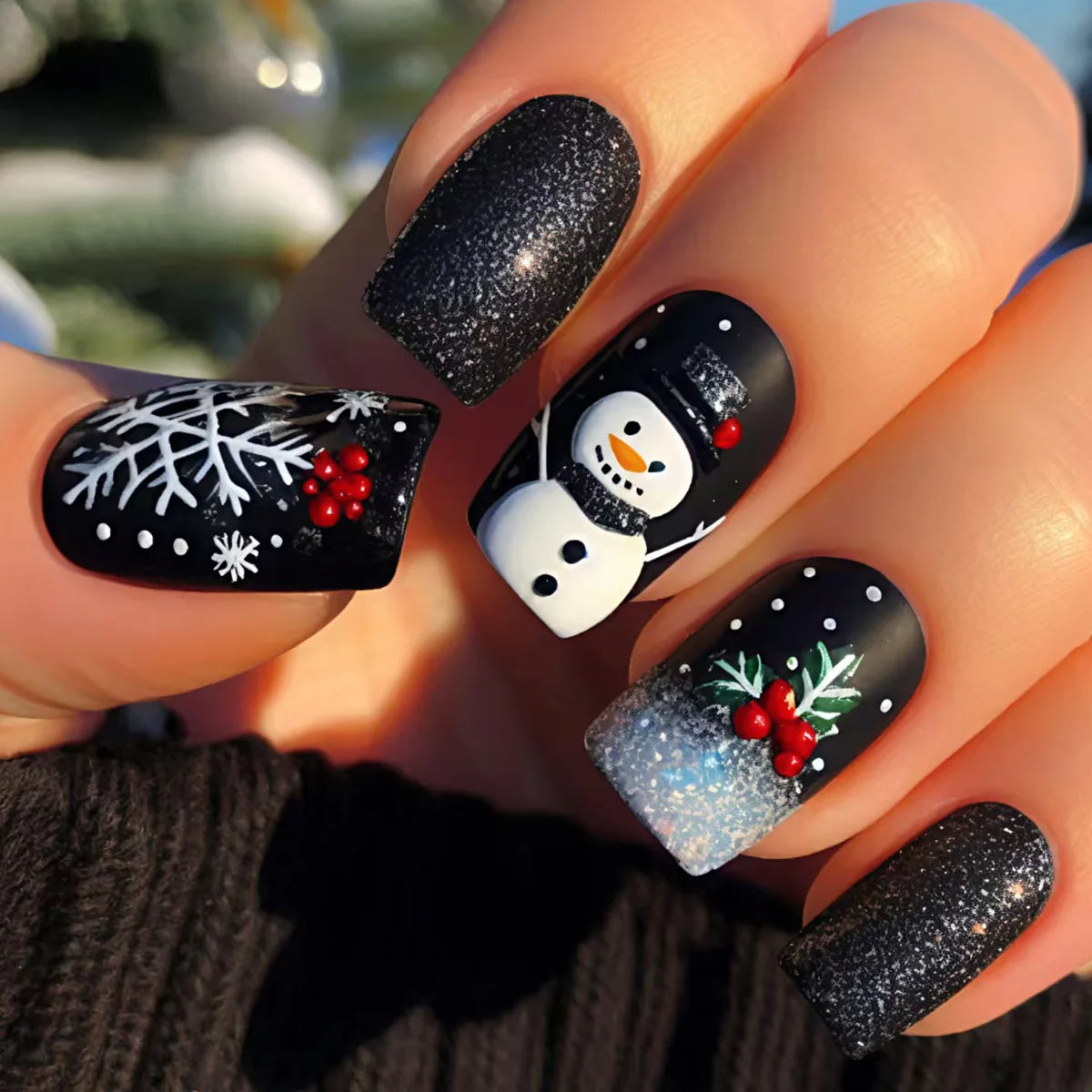 Medium long fake nails for Christmas party Cute snowman Santa Claus gift snowflake square almond tips Press on false nail art
