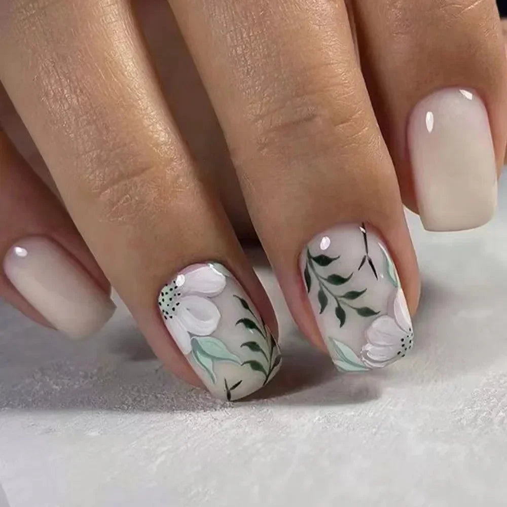 24Pcs White French Fake Nails with Glitter Rose Pattern Press on False Nails Gold Edge Line Design Artificial Nail Tips Art Long