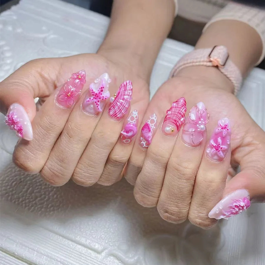 24pcs Mid-length Almond Press on Nails Sets Wearable Gradient Pink Flower Pearl Design False Nail French Fake Nail Finished Tips