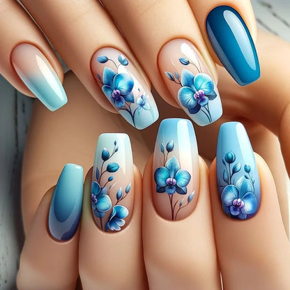 24Pcs Fashion French Fake Nails Colorful Glitter with Butterfly Patterns Medium Square False Nail Art Wearable Acrylic Nail Tips