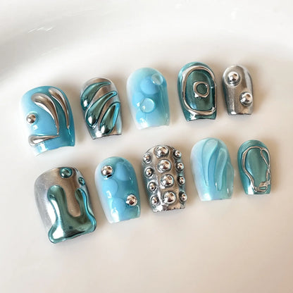 10Pcs Cat Eye False Nails Short Square Handmade Fake Nails Irregular Metal Press on Nails Silver Glitter Design Nail Sweet Cool