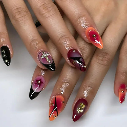 Leopard Print Ballet Fake Nails Art Almond False Nail Tip Charm Star Bowknot Flower Heart Cherry Pointed Press on Nails Manicure