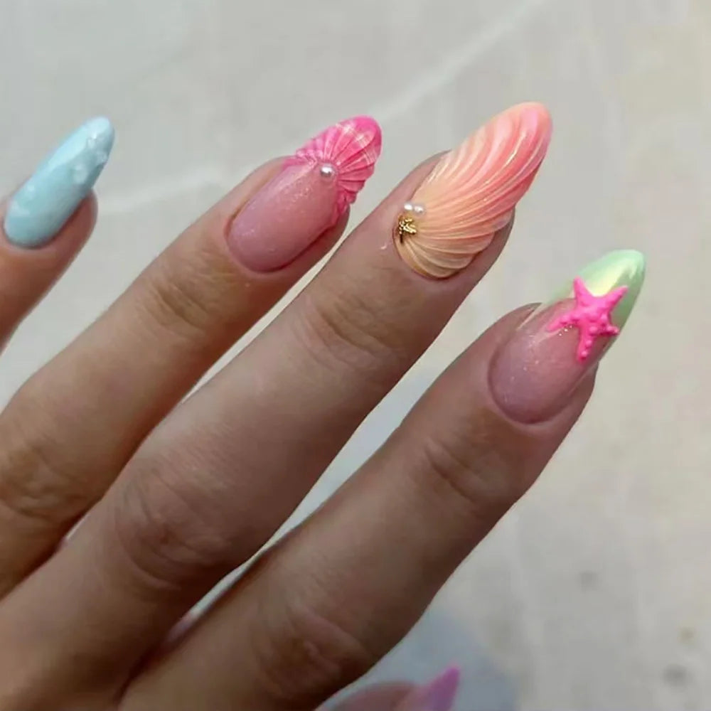 24pcs Cute False Nail Ocean Creature Pattern Stick on Nails Yellow French Short Almond Fake Nail Flower Design Press on Nails
