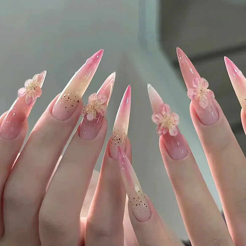 24pcs Sweet Pink Fake Nail Patches Blush 3D Bows Flower Pearl Buttertfly Press On Nails Wearable Almond Korean False Nail Tips