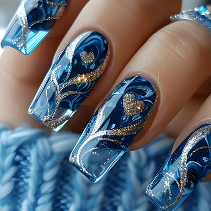 24pcs Golden Stripe Press on Nails Shiny Powder Love Design Long Square False Nails Wearable Full Cover Nail Tips Blue Fake Nail
