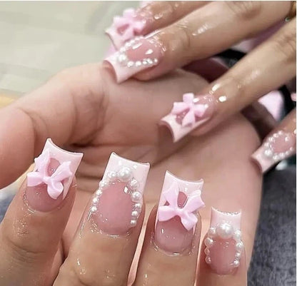 24Pcs Almond White French Press on Nails Pearl Bow False Nail Short Rhinestones Removable Nail stickers for Women and Girls