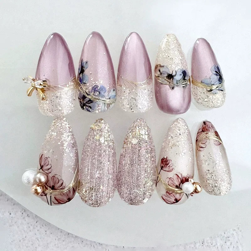 24pcs French Almond Press on Nails Flower False Nails Wearable Stick-on Nails Fake Nail Uñas Postizas Mujer Накладные Ногти 네일팁