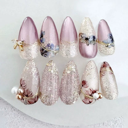 24pcs French Almond Press on Nails Flower False Nails Wearable Stick-on Nails Fake Nail Uñas Postizas Mujer Накладные Ногти 네일팁