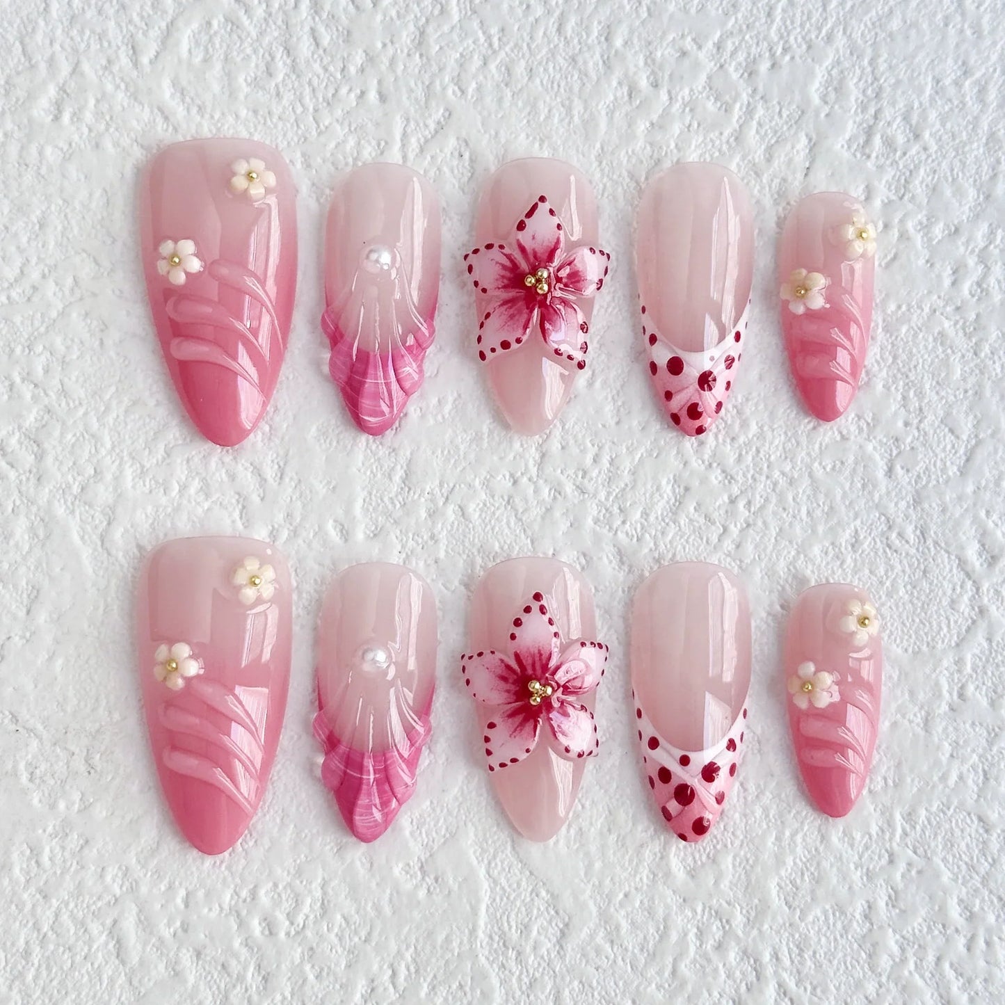 10Pcs Handmade Press On Nails Summer Fruits Full Cover Colorful 3D Design French Almond False Nails Wearable Manicure Nail Tips