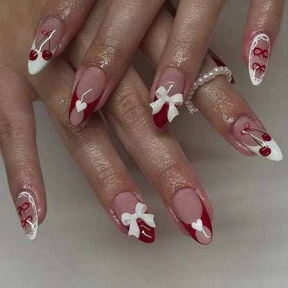 24pcs Cat's Eye Press on Nails Sets Simple Red Long Almond Fake Nails Tips Bow Design False Nail Rhinestone Round Head Manicure
