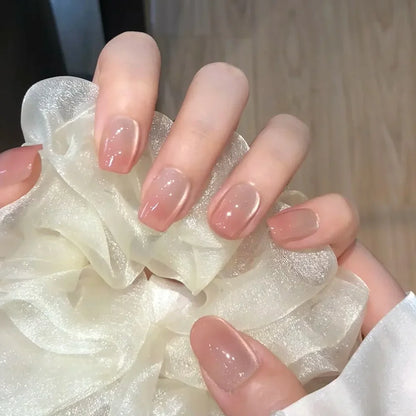 24pcs Crystal Cat Eye False Nails with Glue Short Square Press on Nails Shiny Red Jewel Nail Solid Color Fake Nails Minimalis