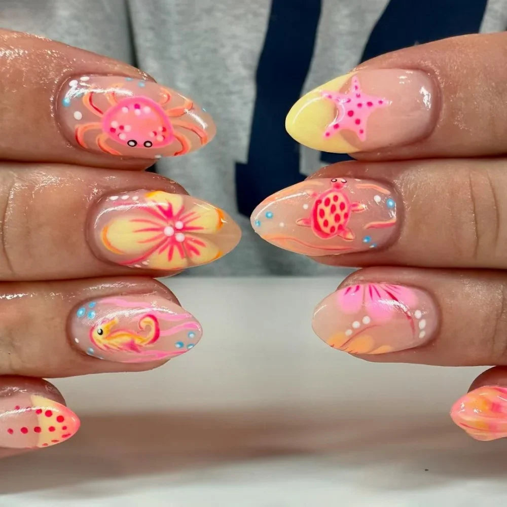 24pcs Cute False Nail Ocean Creature Pattern Stick on Nails Yellow French Short Almond Fake Nail Flower Design Press on Nails