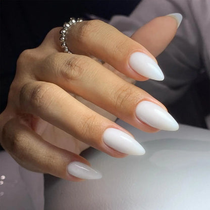 24PCS- white almond fake nails, red love pattern decoration, exquisite elegance, fashion generous, suitable for dating, dinner,