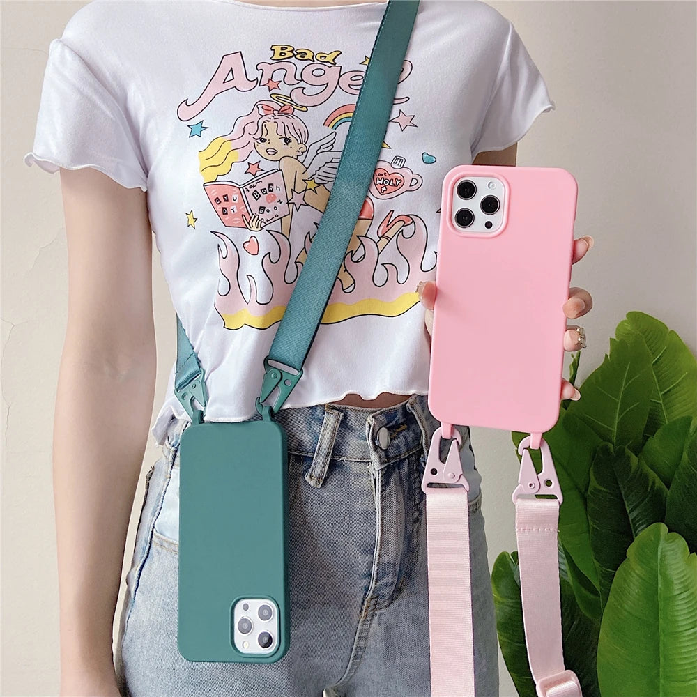 Crossbody Neck Strap Soft Silicone Phone Case For Samsung Galaxy S22 Ultra S21 S20 Plus FE Note 20 10 S10 S9 8 Cord Rope Cover
