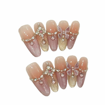 10pcs Handmade Press On Nails Almond 3D Crystal Butterfly False Nails Decor Glitter French Tip Fake Nails Elegant Blush Nail Art