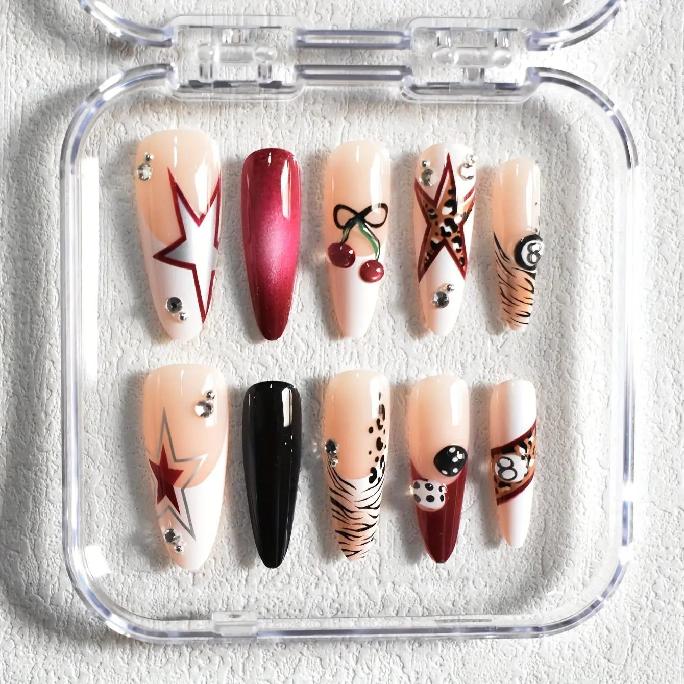 10pcs Handmade Press on Nails Cartoon Shark Pattern Design Fake Nails Wearable Detachable Ins Simple Almond Shaped False Nails
