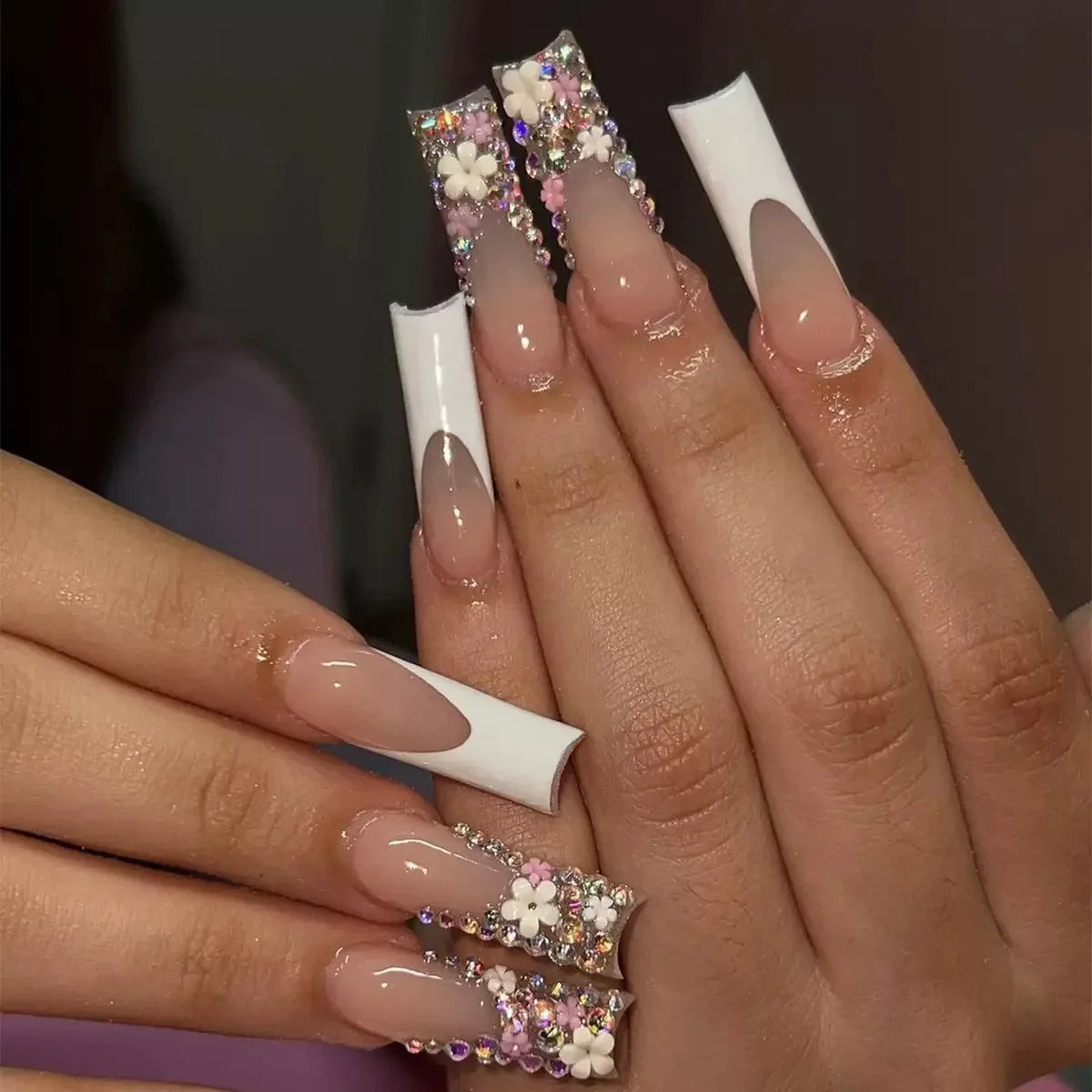 24Pcs Gold French Border False Nails Long Coffin False Nails with Rhinestones Ballerina Full Cover Nail Tips Press on Nails