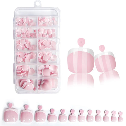 120Pcs Glossy Nude Pink French Press-On-Toenail Set 1*Box Short French Square  Fake Toe Nails Solid-Color Manicure Toenails Tips