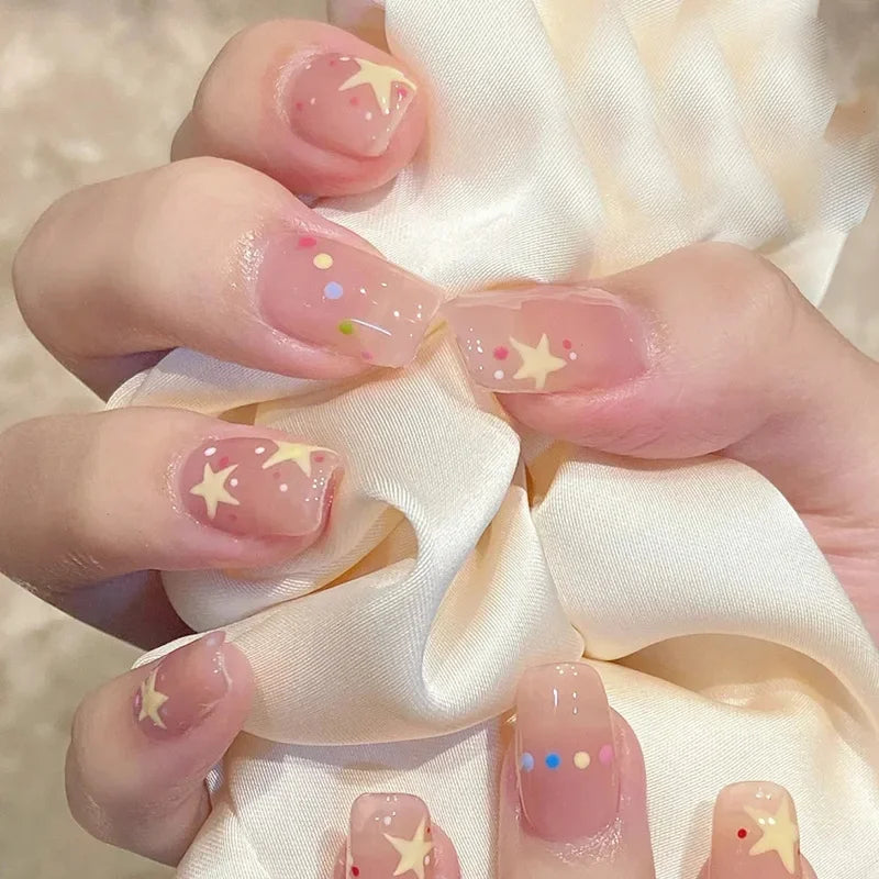 24Pcs Full Cover Nail Tips Short Simple False Nails Wearable Round Head Fake Nails Gradient Artifical Finished Press on Nails