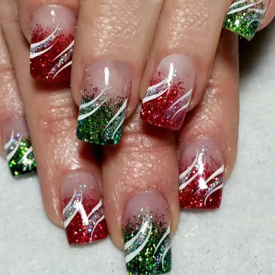 24pcs/set short fake nails for Christmas Square ballet winter false nail tips snow flakes christmas tree snowman press on nails