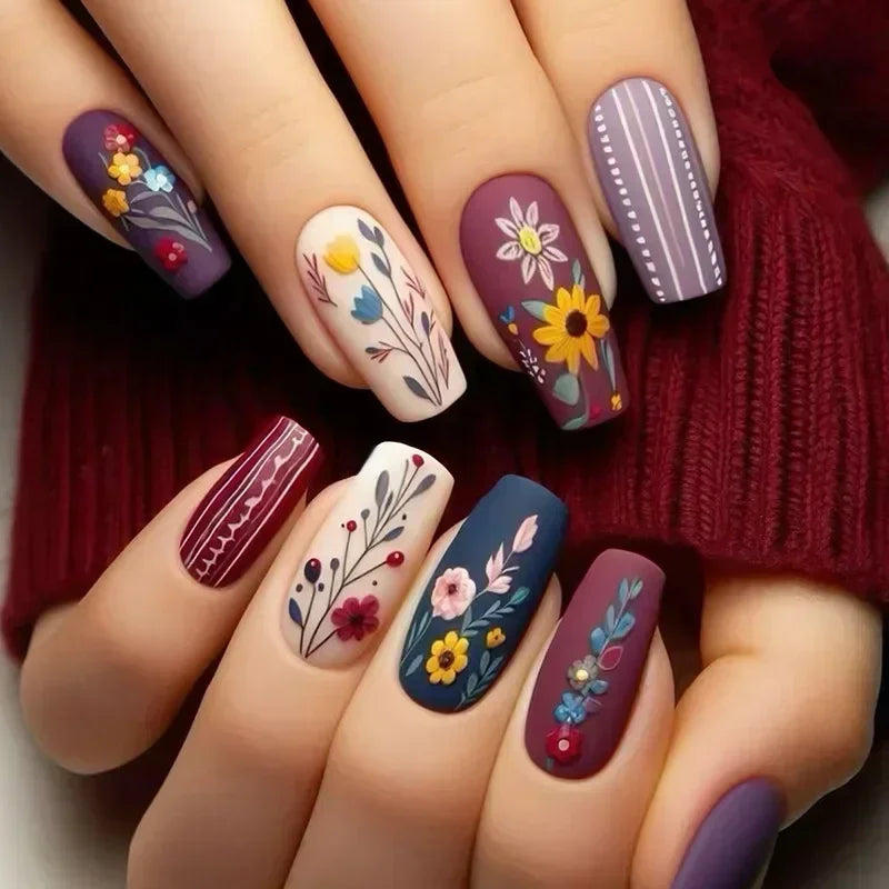 24Pcs Ladder-shaped Ballet False Nails with Glue Stripe Floral Nail Art Ombre French Press on Acrylic Nail Tips for Spice Girls