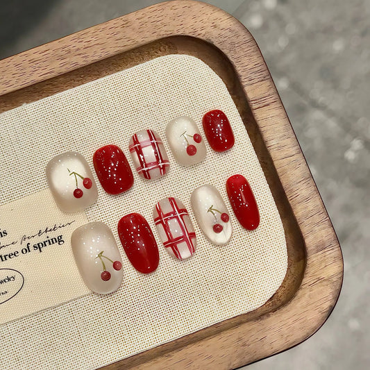 Handmade New Year Press on Nails Cute Red Cherry Short Round/Oval Fake Nails for Women Girl Wearable Glitter Cat Eye False Nails