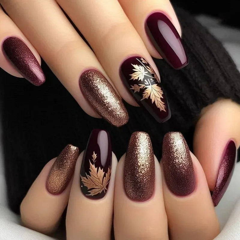 24Pcs Fashion Fake Nails Press on Long Ballet False Nails Art with Flower Design Brown Detachable Full Cover Nail Tips Manicure