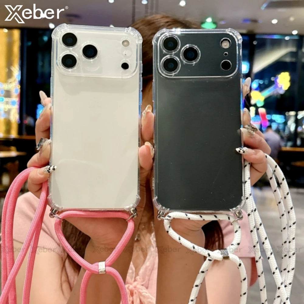 Shockproof Clear Soft Bumper Case For iPhone 17 16 15 14 Pro Max Plus Crossbody Lanyard Necklace Strap Cord Nylon Rope Cover