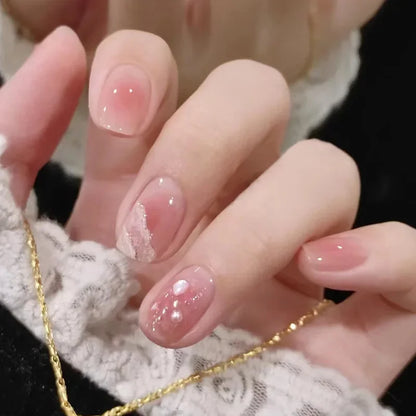 24Pcs Full Cover Nail Tips Short Simple False Nails Wearable Round Head Fake Nails Gradient Artifical Finished Press on Nails