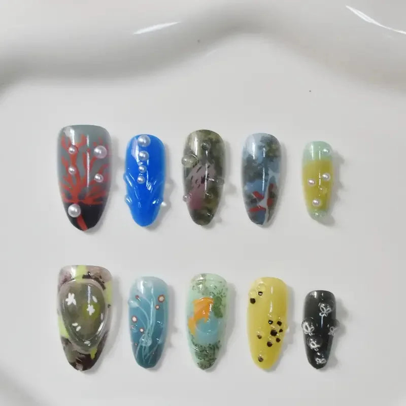 10pcs Handmade Press on Nails Cartoon Shark Pattern Design Fake Nails Wearable Detachable Ins Simple Almond Shaped False Nails