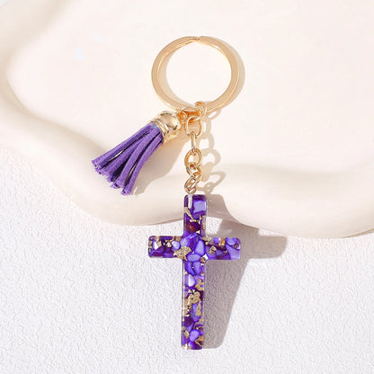 Resin Cross Keychain for Women - Chic Fashion Resin Heart & Tassel Key Ring, Christian Religious Key Pendant for Backpack Purse,