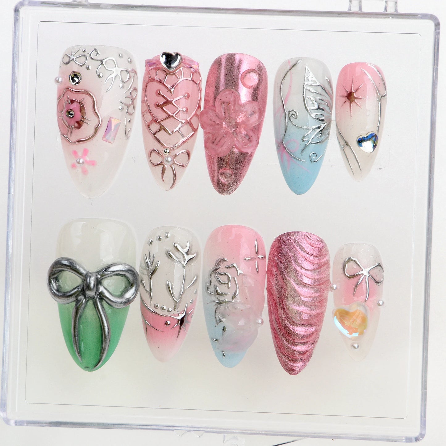 10Pcs Handmade Manicure Medium Almond Fake Nails Unique 3D New Cut bow Flowers Press On Nails Design with Adhesive Nail File Set
