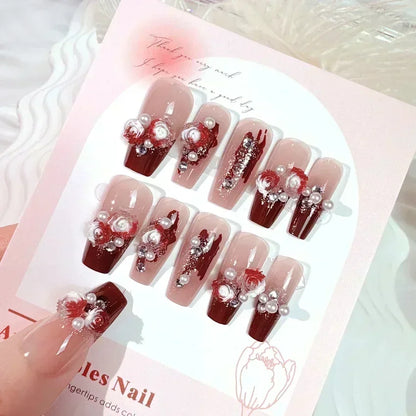 24pcs Red Rose Fake Nails Long Flower Ballet Press on Nails Design French False Nail Full Cover Wearable Fake Nail Tips Art