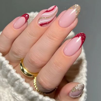 24Pcs Simple Glitter Almond False Nails with Glue Ballerina Nail Design Sweet Cool French Detachable Press on Nail Manicure Tips