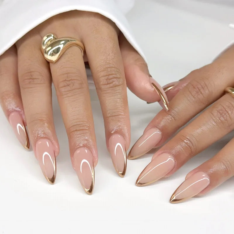 24pcs French Almond Fake Nails Gold Edge Glitter Press on Nails Swirl Metal Nail Art False Nail Full Cover Nail Tips False Nais