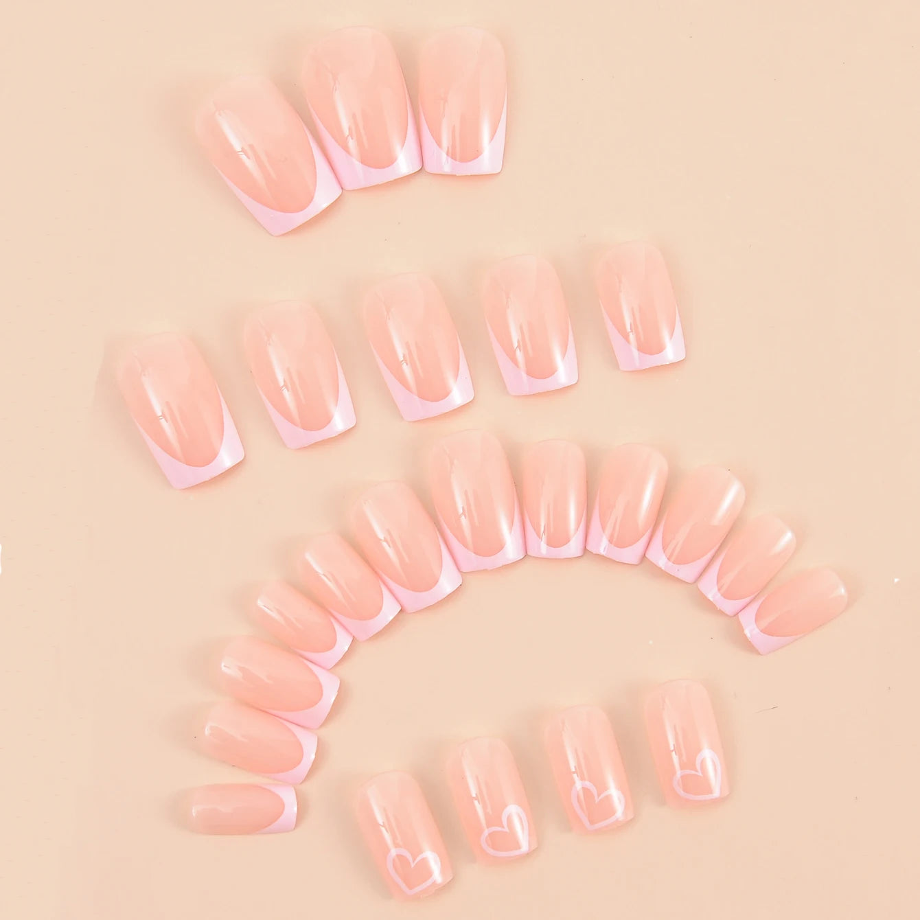 24PCS Rectangular Fake Nails Cute Heart-Shaped Nude Fake Nails Pointed French Valentine's Day Nails Suitable For Women And Girls