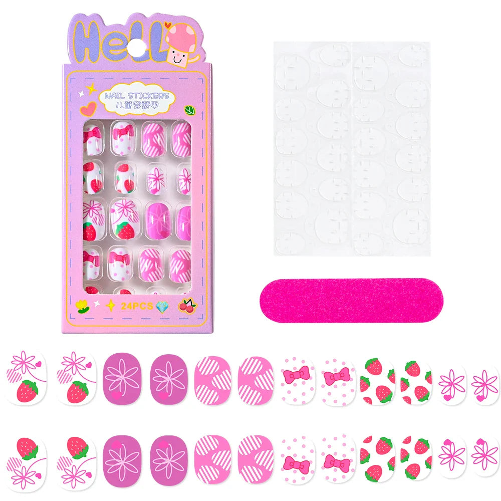 24Pcs/box Kids nails for Girl Cartoon Pattern False Nail Cute Child Fake Nails Tips Kawaii Acrylic Artificial Press on Nail+Tool