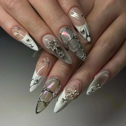 24Pcs Pink Almond False Nails Sweet Summer Fake Nail Cute Flowers Pearl Nails Press Ons Colorful Monet Press on Nails for Girls