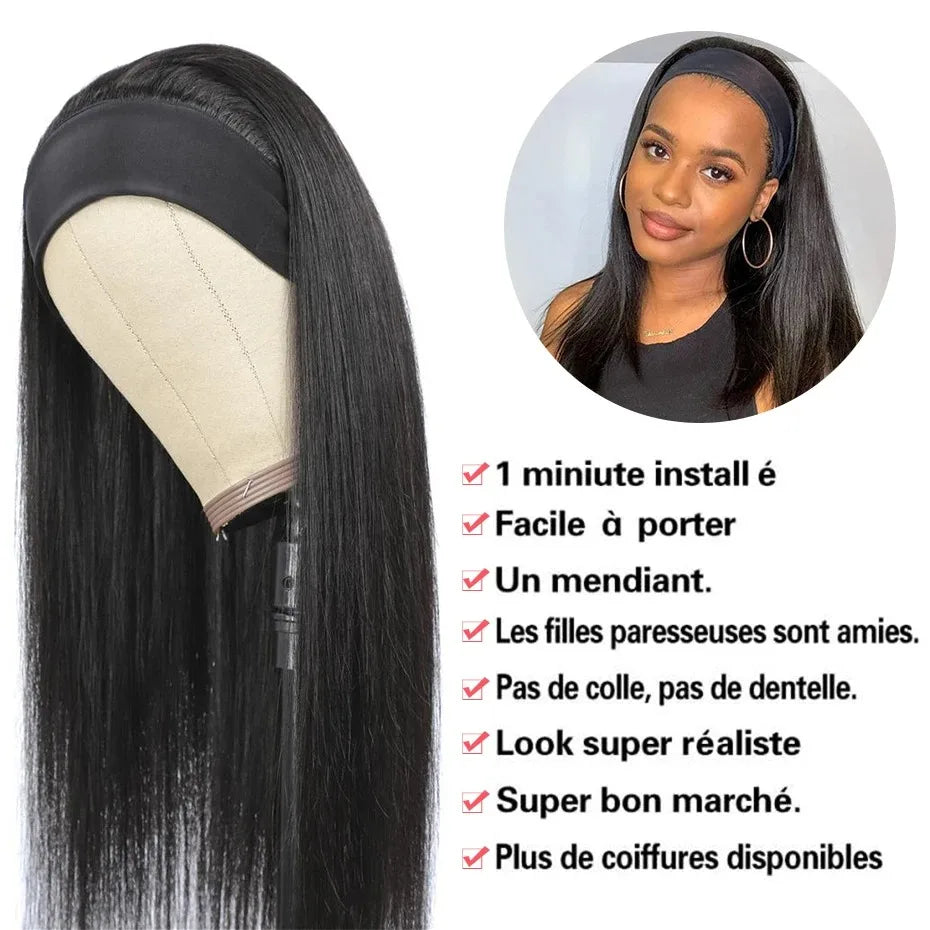 Bling Hair Headband Bone Straight Wig 180% Density Brazilian Human Hair Bone Straight Wigs For Women Glueless Wig