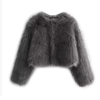 Faux fur jacket Traf   Fall/Winter New Fashion Women's Faux Fur Effect Round Neck Long Sleeve Short Jacket 2025