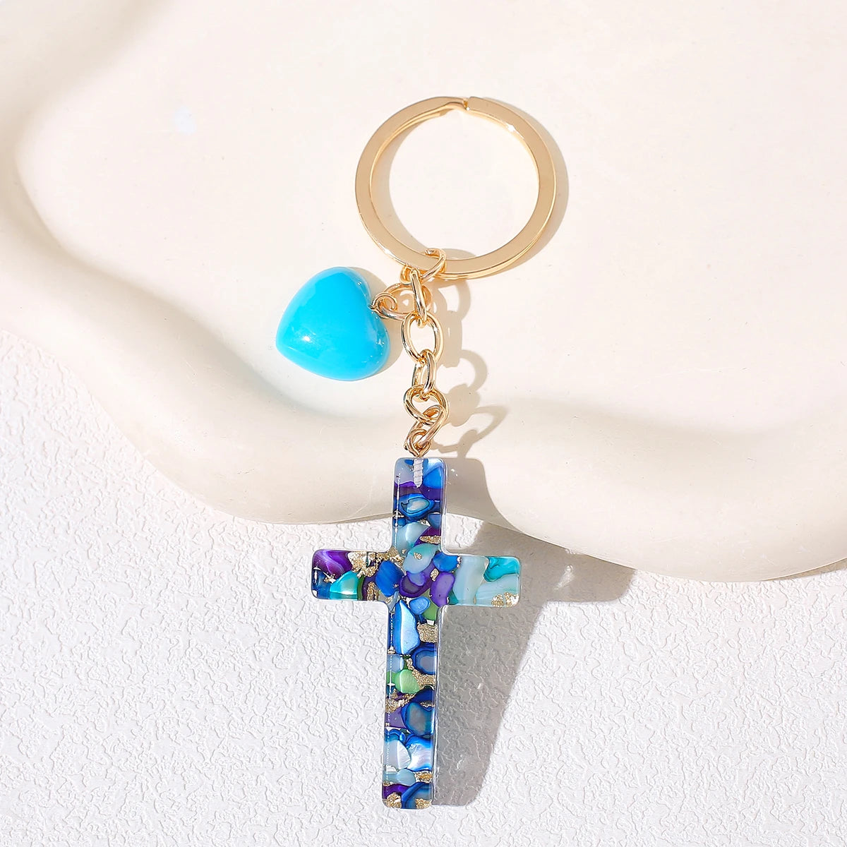 Resin Cross Keychain for Women - Chic Fashion Resin Heart & Tassel Key Ring, Christian Religious Key Pendant for Backpack Purse,