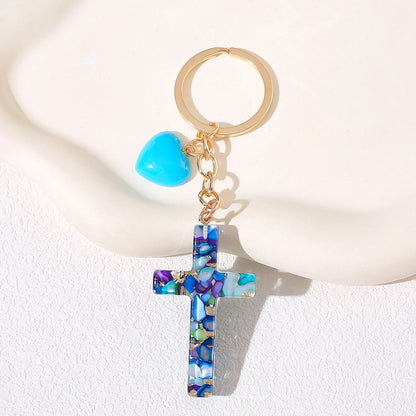 Resin Cross Keychain for Women - Chic Fashion Resin Heart & Tassel Key Ring, Christian Religious Key Pendant for Backpack Purse,