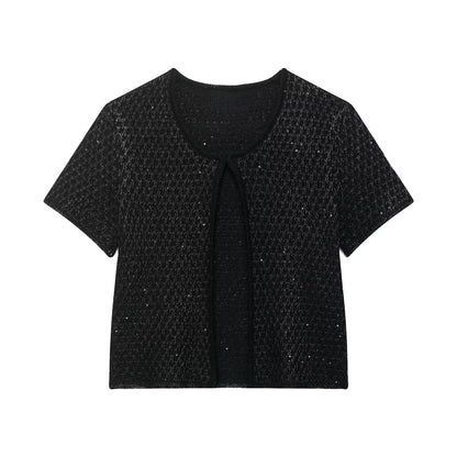 UNIZERA Fashion Temperament Sequin Knitted Jacket + Knitted Camisole Top Women's Clothing 2025 Summer New Products Set