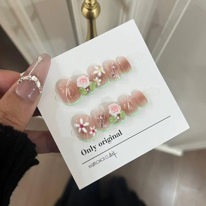 10Pcs Short Handmade Press On Nails Full Cover Flower Design Summer Colorful Rhinestone False Nails Wearable Manicure Nail Tips