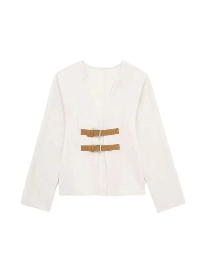 Women Fashion With Belt Woolen Jacket Coat V Neck Long Sleeve Female Outerwear Chic Tops