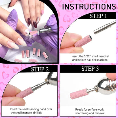 Pink 3MM Sanding Bands 50 Pcs With Mandrel Bit Se 180 Fine Grit Small Nail Files Sanding Band for Acrylic Nails Gel Manicure