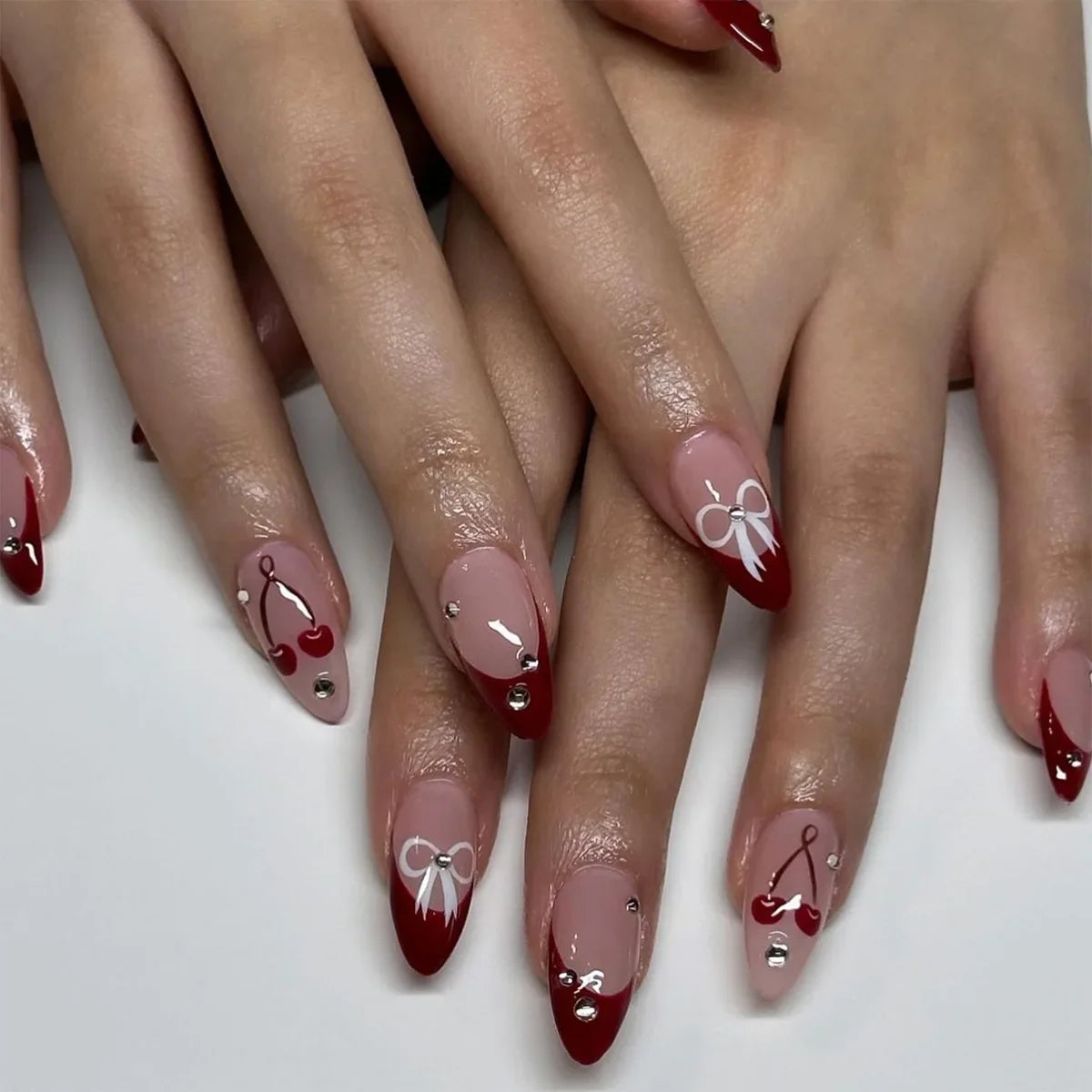 24PCS Wine Red Almond Press on Nails Cartoon Rabbit Bowknot with Plaid Pearl Designs French Fake Nails for Girls Detachable Nail